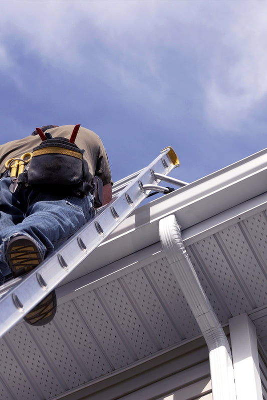 man on ladder resting on roof of house